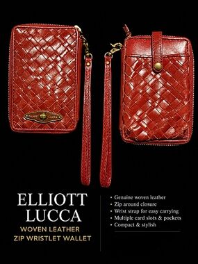 Elliott Lucca Red Woven Leather Zip Wristlet Wallet 5.5” x 3.5”